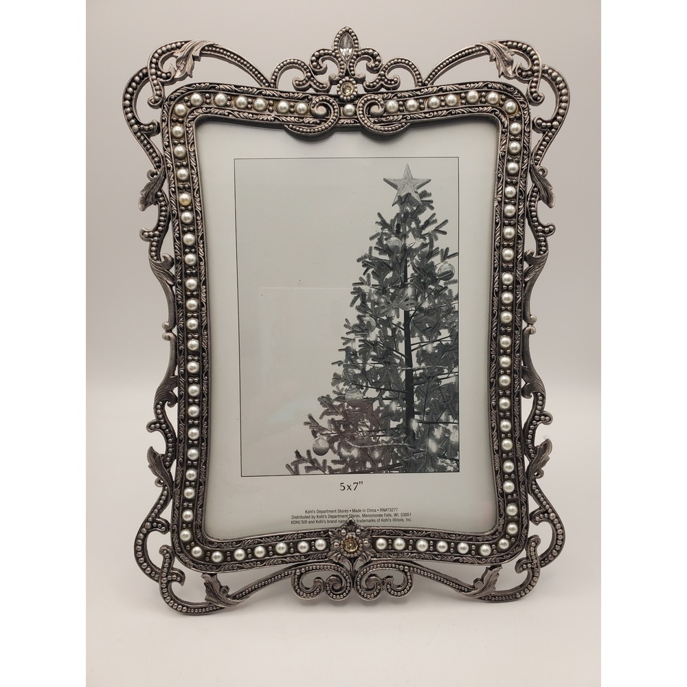 Vintage Style Kohl's Silver Ornate 5x7 Picture Frame Faux Pearl Rhinestone